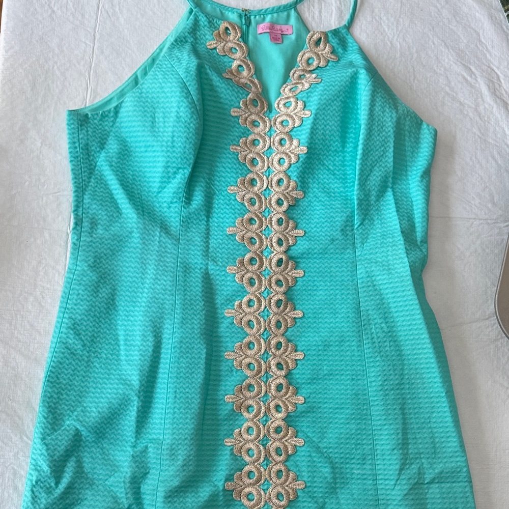 Lily Pulitzer blue turquoise sleeveless dress with gold accents size 14 (0003)